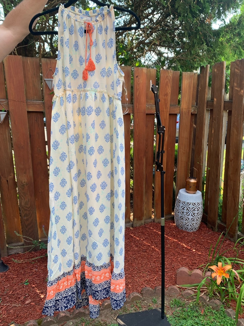 Hayden Cream Dress with Blue Leaf Print and Orange Tassel Detail